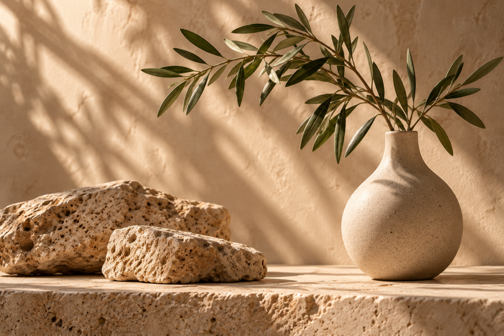 Olive branches in an ivory vase with natural travertine stones