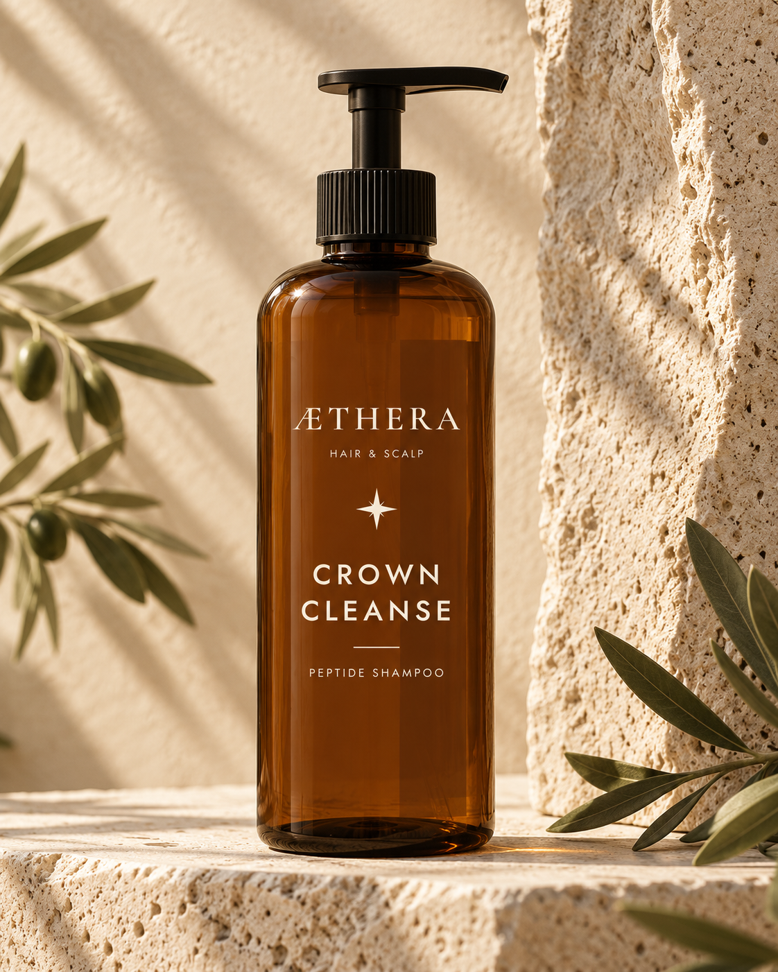 Crown Cleanse amber pump bottle on sunlit stone